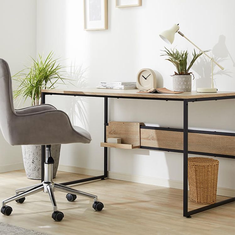 Computer desk with power strip storage, wooden, steel legs, vintage style