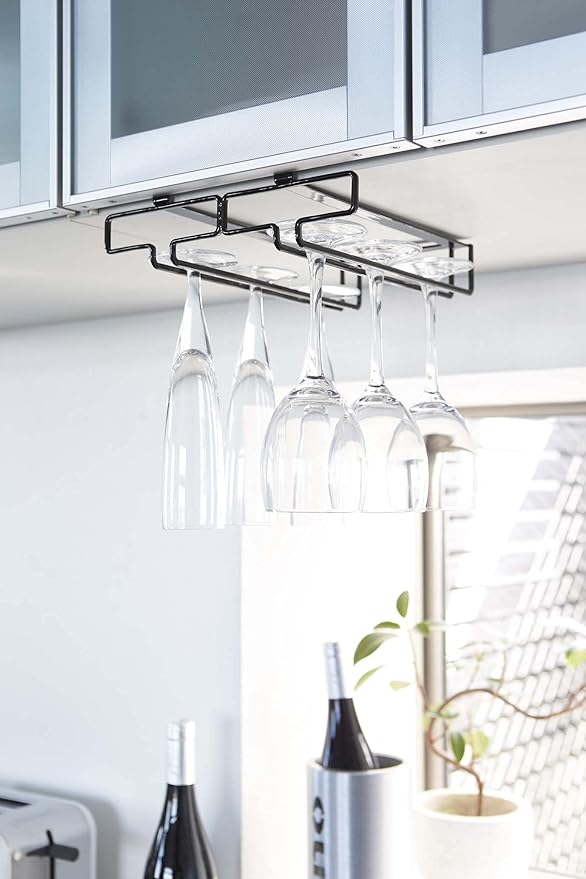 tower Under Cupboard Wine Glass Hanger, Double, Black, No Drilling or Screwing Required, Kitchen Hanging Shelf