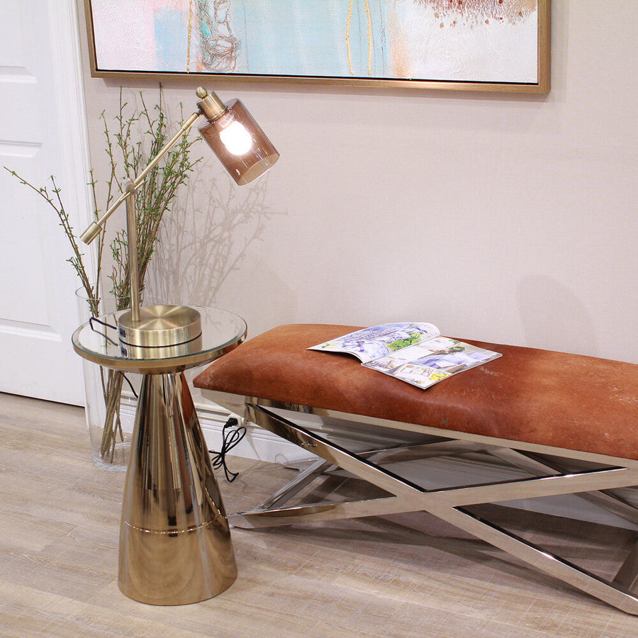 Modern sepia glass shade brass stand lamp with USB charging outlet