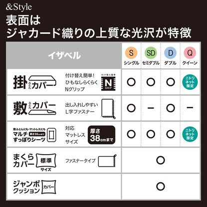 ひもなしラクラク掛け布団カバー クィーン（Nグリップ イザベル Q）