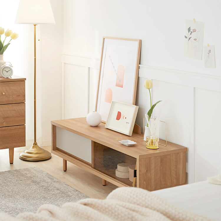 Wooden TV stand with glass doors and legs