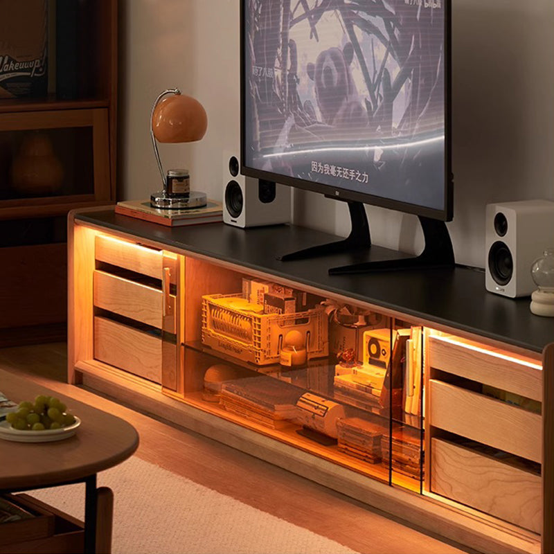 Cherry wood, brown glass TV stand with LED light