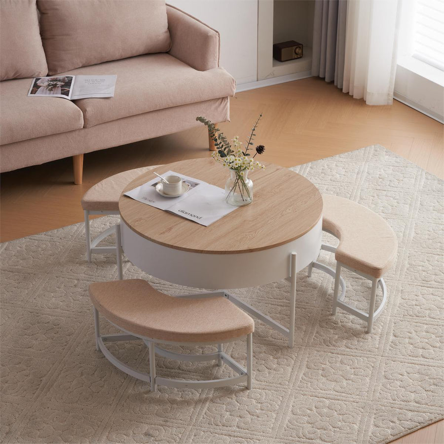 Lift-up round table and bench set of 4