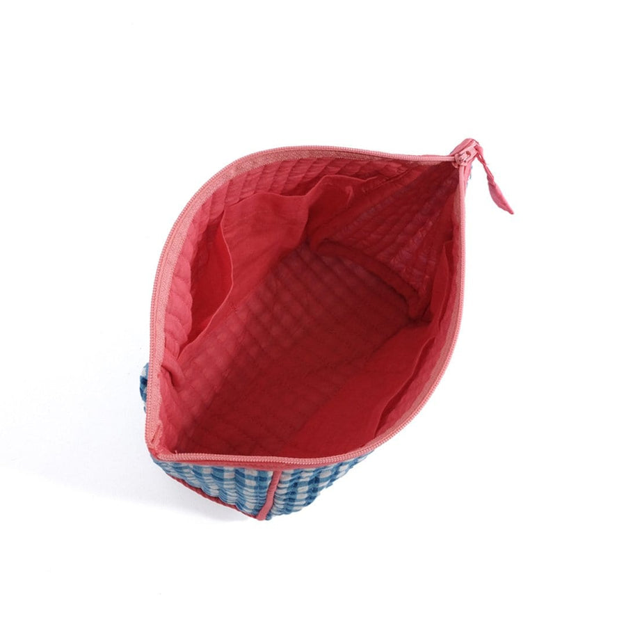 A block-printed gingham check pouch that makes it easy to see inside