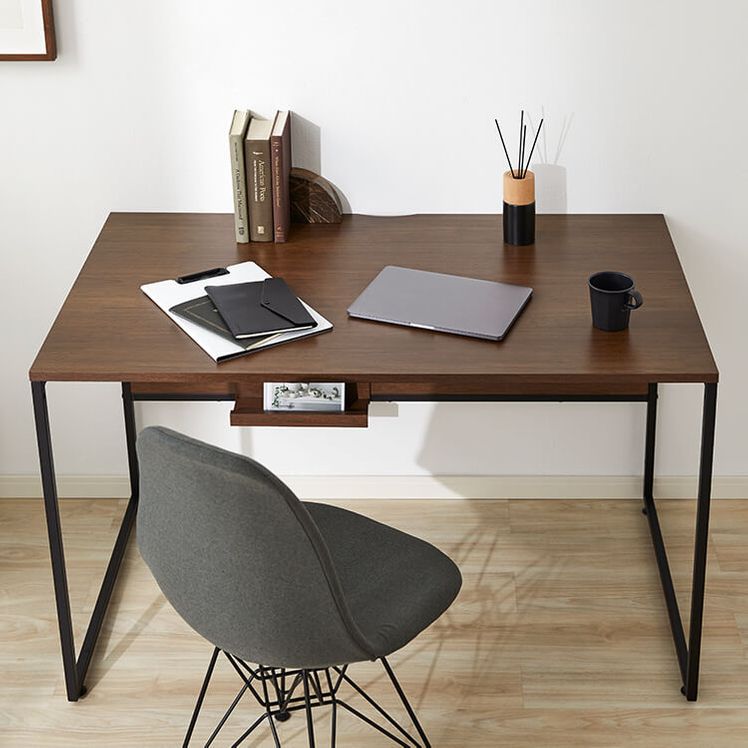 Computer desk with power strip storage, wooden, steel legs, vintage style