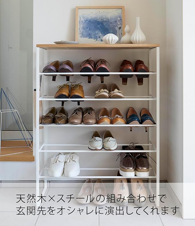 Tower Shoe Rack with Top, 6 Tiers, White, Shoe Cabinet, Shoe Storage, Hooks Included