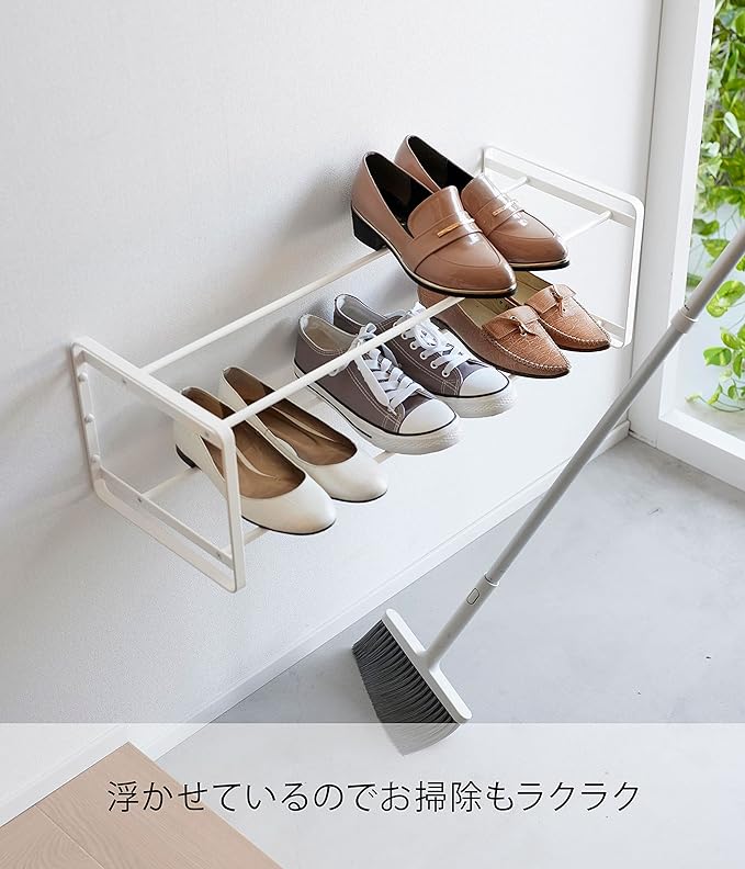 Tower Wall Shoe Rack for Plasterboard Walls, 2 Tiers, White, Floating Shoe Storage, Easy to Clean, Hooks Included