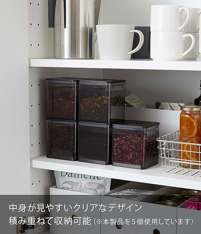 tower Airtight Storage Container with Spoon and Valve, Black, Square, for Condiments, Tea Leaves, Anti-Oxidation