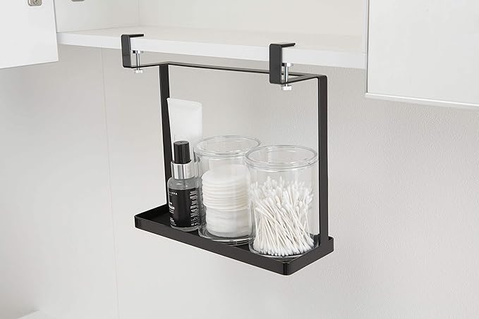 tower Under-Bathroom Cabinet Rack, Black, Floating Storage, Silicone Mat Included, Storage Rack