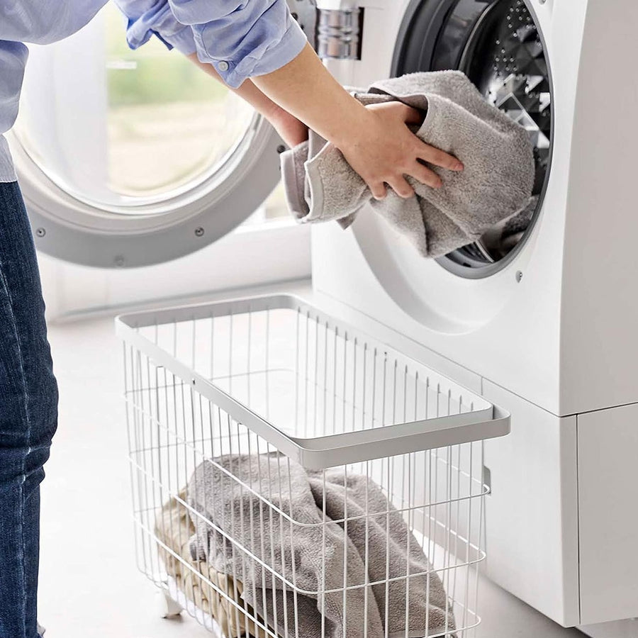 tower laundry basket with casters, wide and low, white