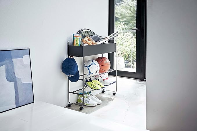 tower Caster-equipped Entryway Storage Rack, Black, Divided, Multi-functional Storage Rack