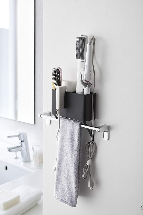 Tower Towel Rack Over Hair Dryer &amp; Hair Iron Holder Black Hair Dryer Storage All-in-One Storage Easy Installation