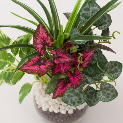 Fake greenery in a glass pot (2 glass pots in a green pot)