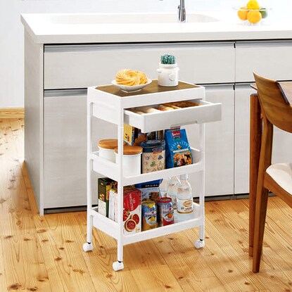 3-tier drawer wagon with wooden lid (white KF83)