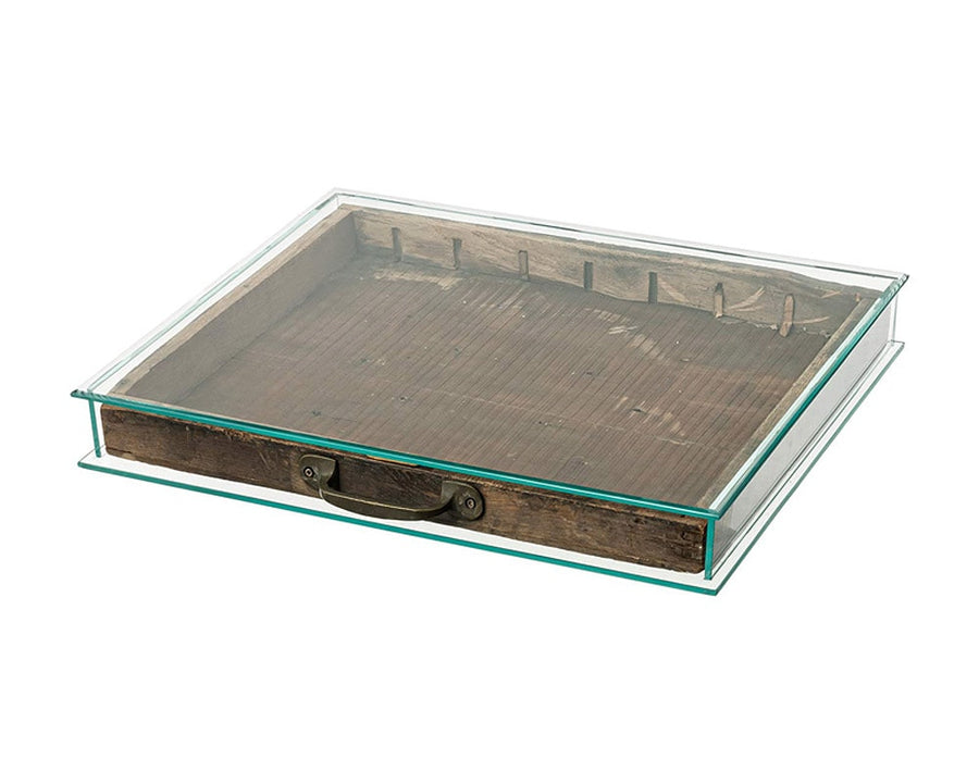 GLASS DISPLAY CASE WITH VINTAGE DRAWER