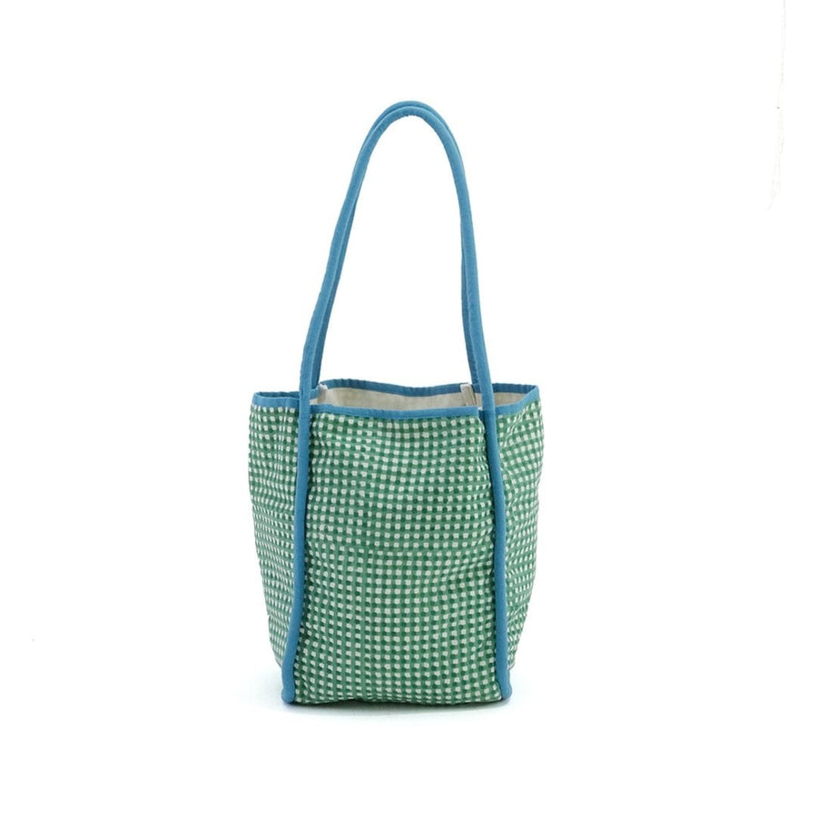 Block-printed gingham check bag with piping accents
