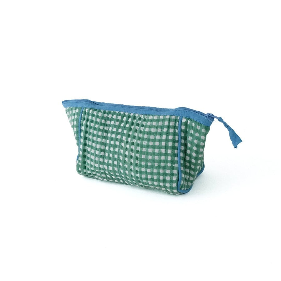 A block-printed gingham check pouch that makes it easy to see inside