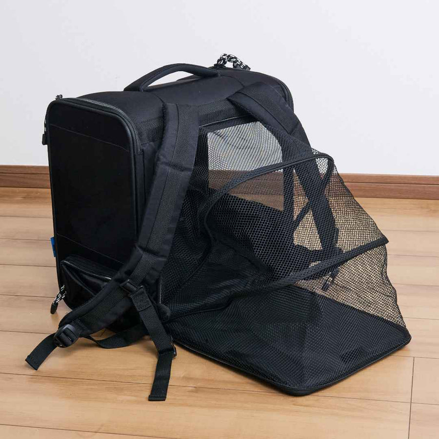 A lightweight pet backpack that can be folded and used as a cage