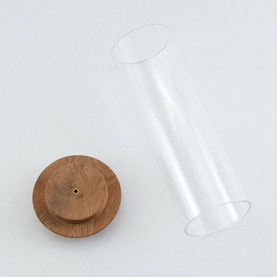 Acacia incense holder with glass cover to prevent ash from scattering