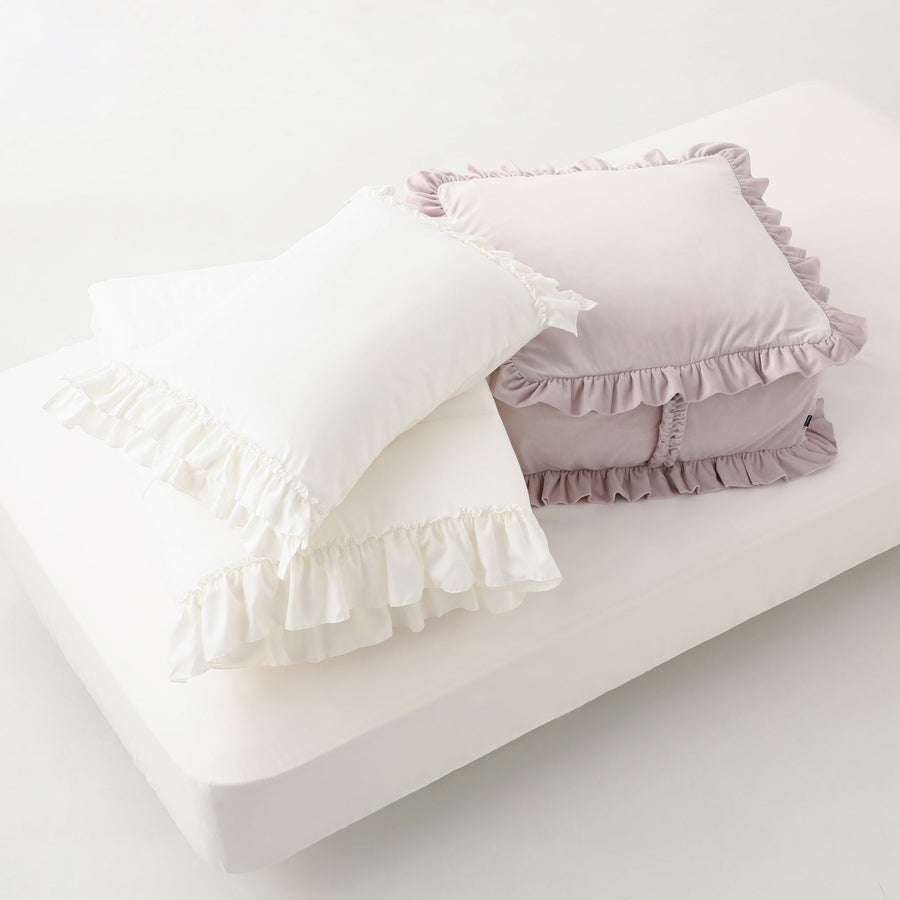 Simple bedding set, ruffle, single, white + cushion futon storage case, pink