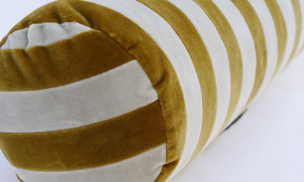 ベルベットクッション ストライプボルスター φ14×40cm ゴールデンオリーブ×セージ