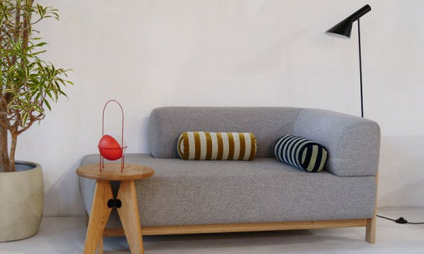 ベルベットクッション ストライプボルスター φ14×40cm ゴールデンオリーブ×セージ