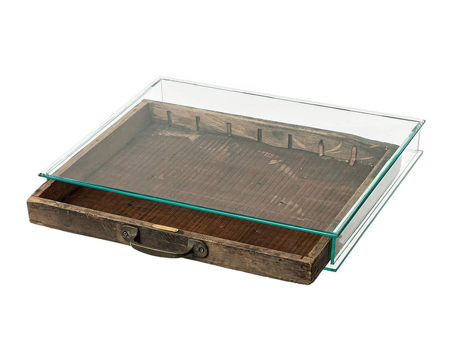 GLASS DISPLAY CASE WITH VINTAGE DRAWER