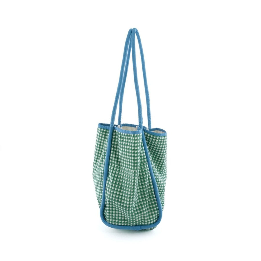 Block-printed gingham check bag with piping accents