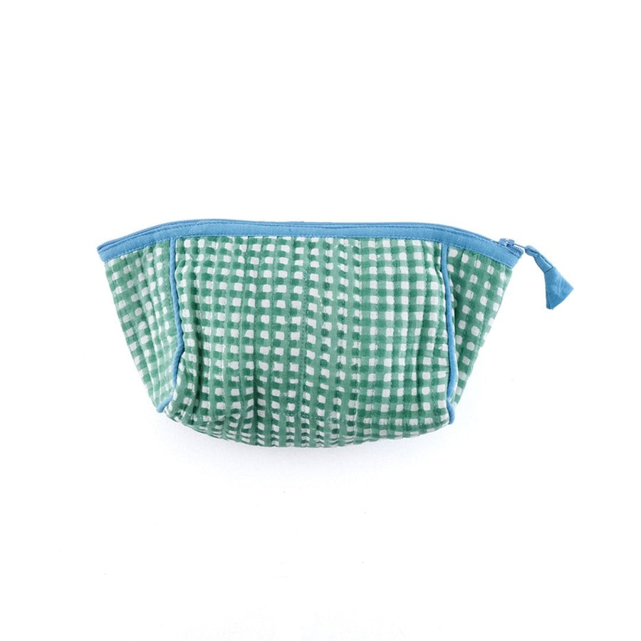 A block-printed gingham check pouch that makes it easy to see inside