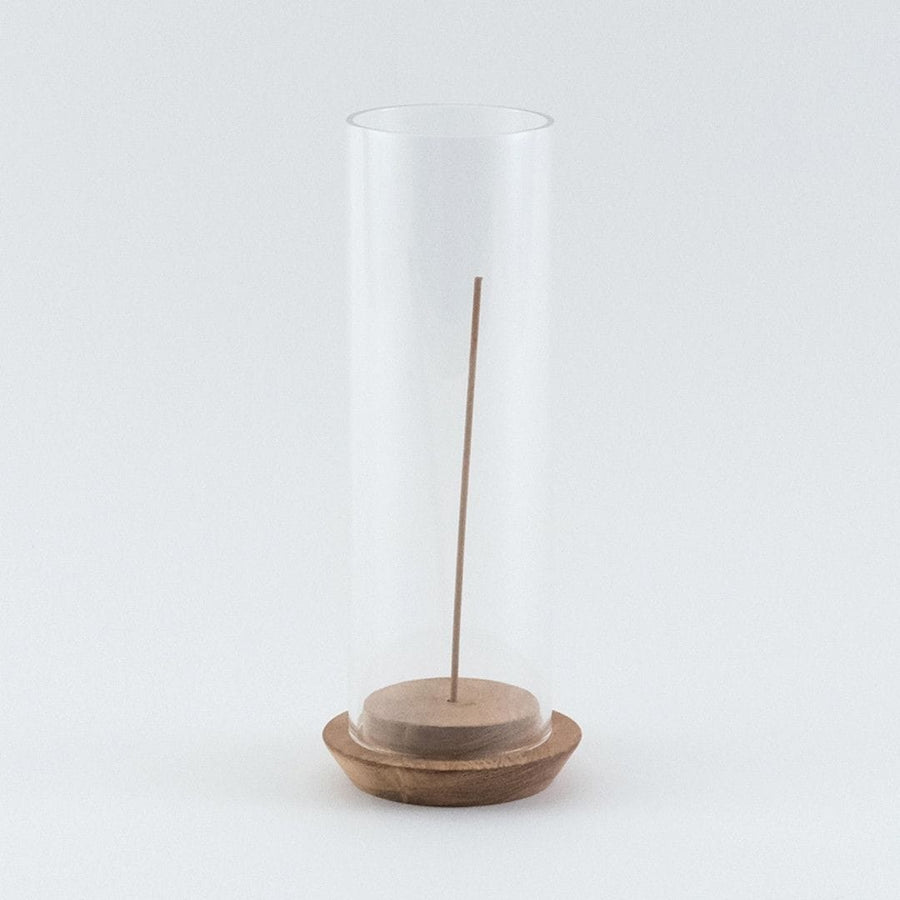 Acacia incense holder with glass cover to prevent ash from scattering