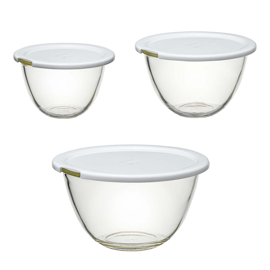 Heat-resistant glass bowls with microwave lids, set of 3