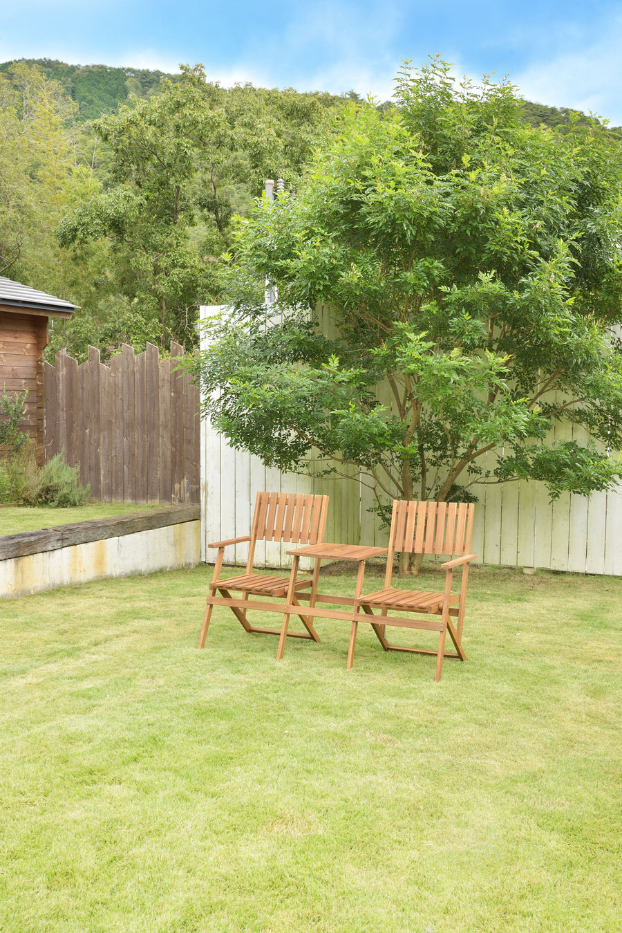 Folding bench with table, light brown