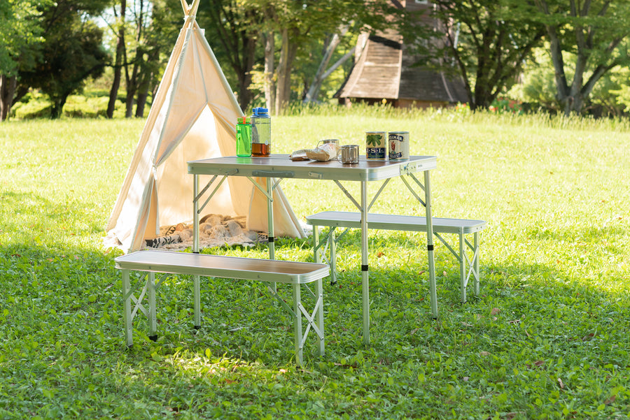 Folding table and bench set, brown