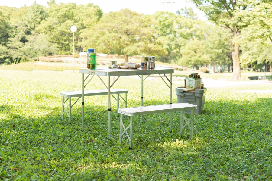 Folding table and bench set, brown