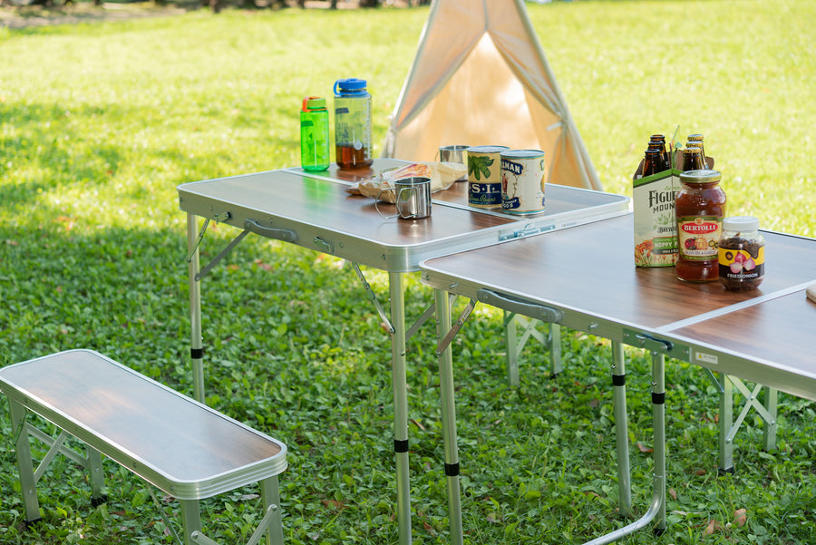 Folding table and bench set, brown