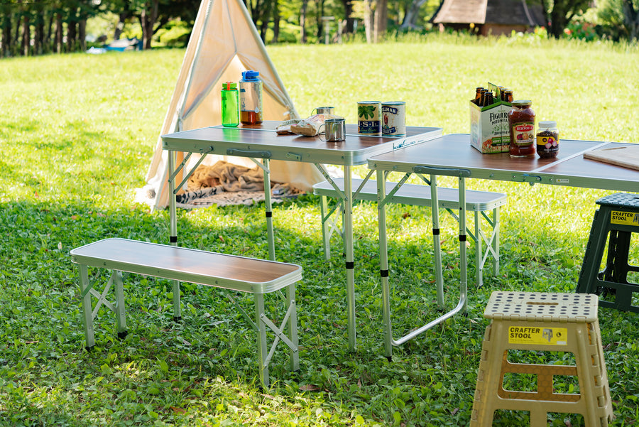 Folding table and bench set, brown