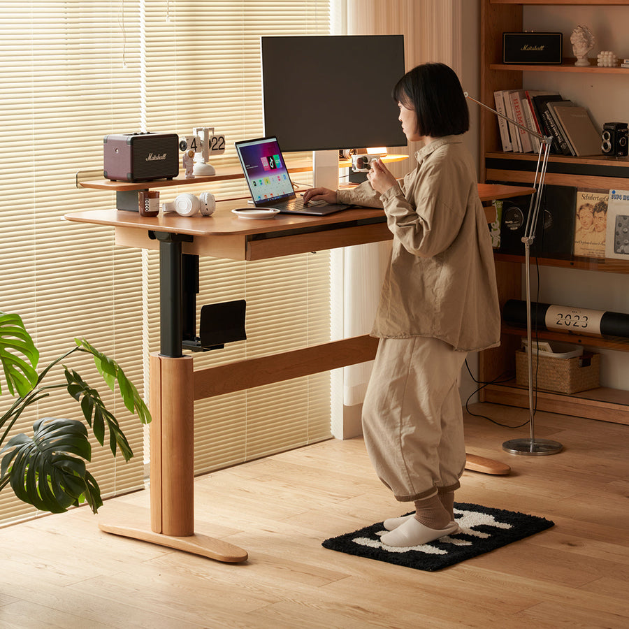 Cherry wood electric height adjustable wooden work desk