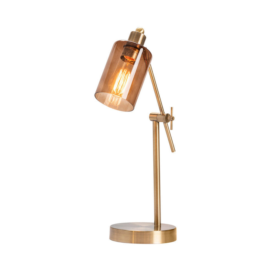 Modern sepia glass shade brass stand lamp with USB charging outlet