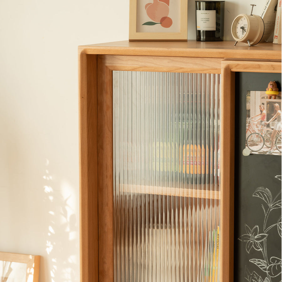 Cherry wood blackboard with molded glass door cabinet