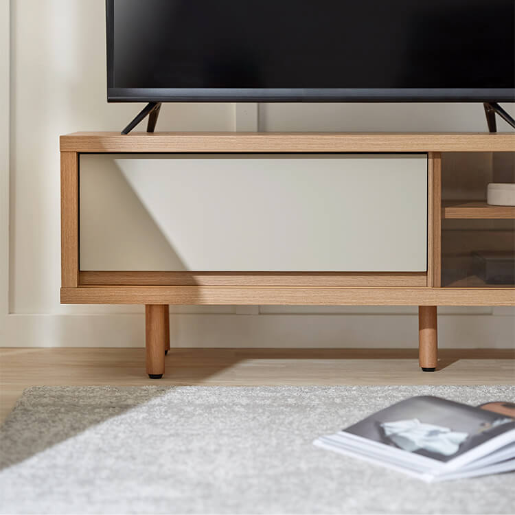 Wooden TV stand with glass doors and legs