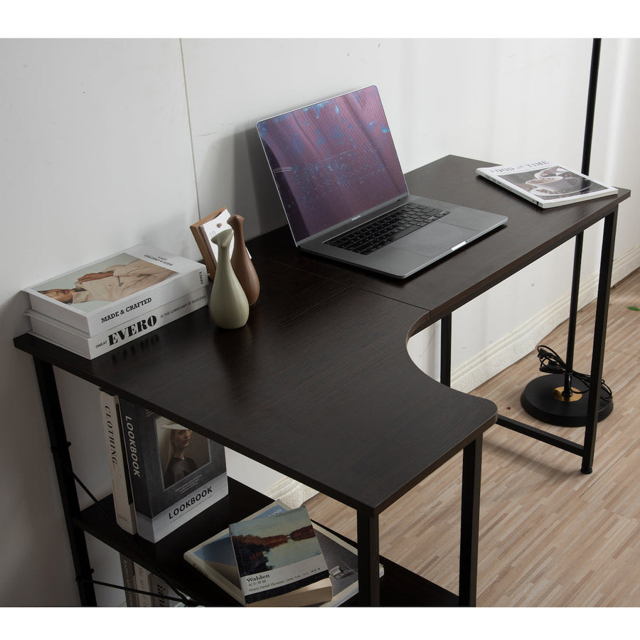 L-shaped work desk with wooden shelf