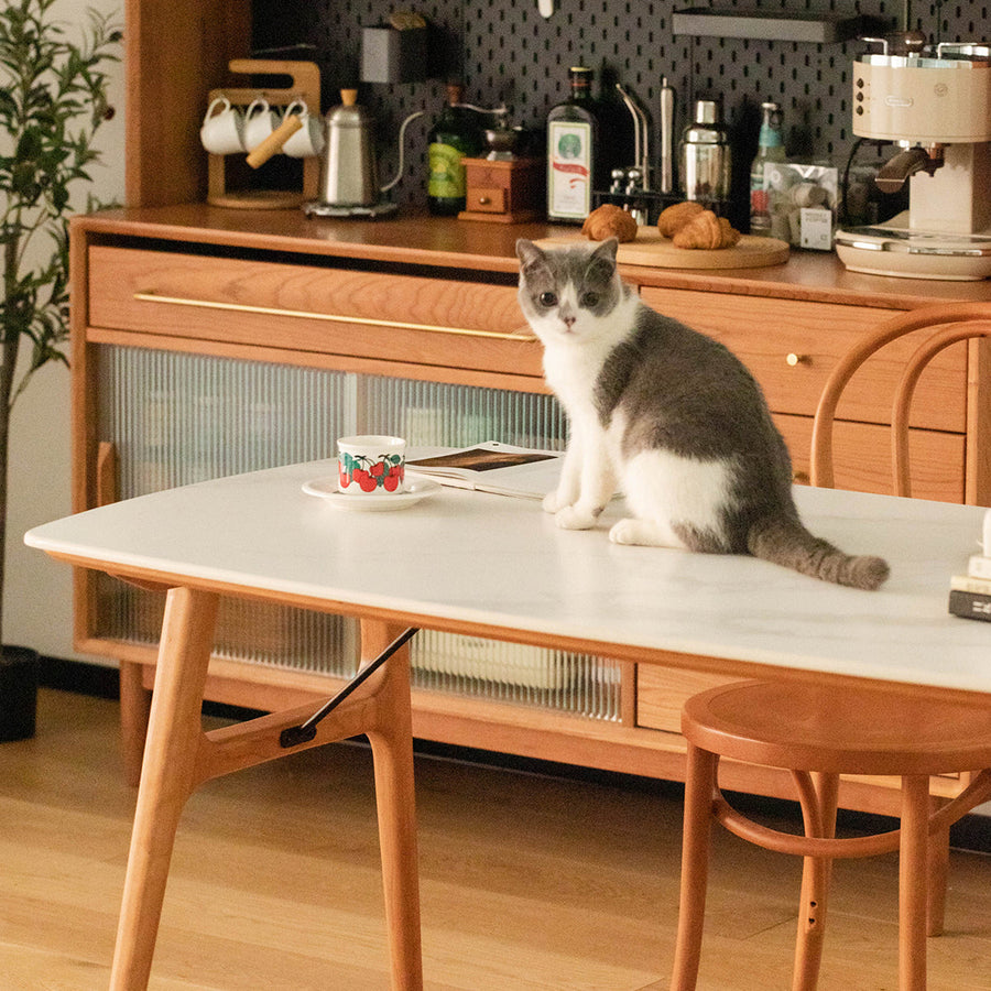 Marble-look ceramic rounded corner dining table