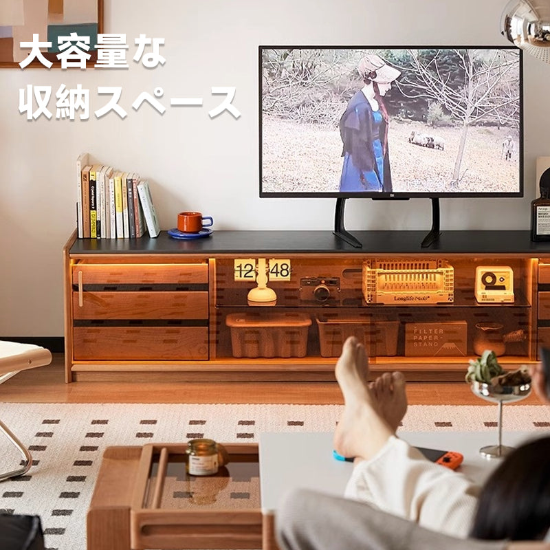 Cherry wood, brown glass TV stand with LED light