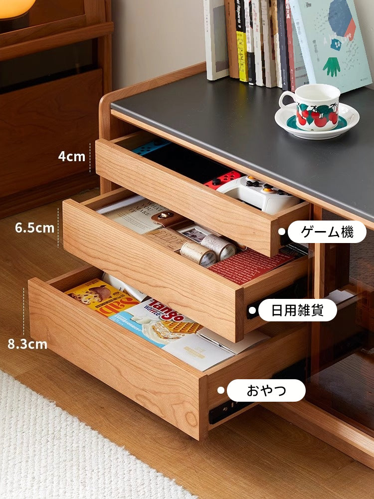 Cherry wood, brown glass TV stand with LED light