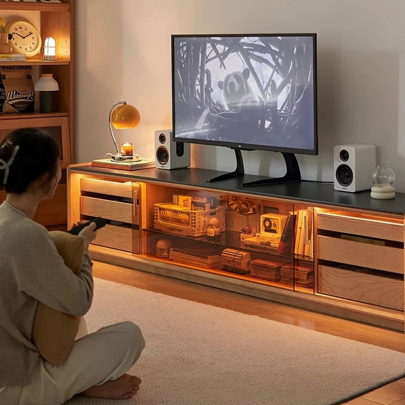 Cherry wood, brown glass TV stand with LED light