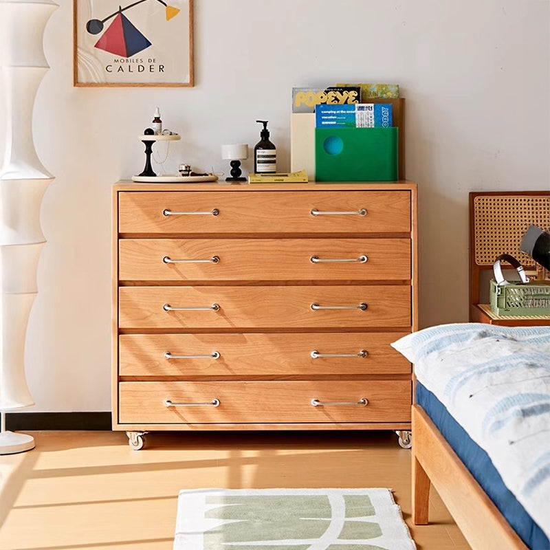 Cherry wood 5-drawer chest with casters