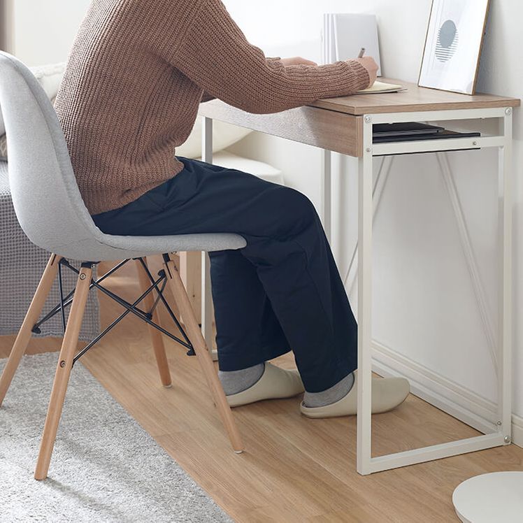 Compact desk with storage, wood grain, steel legs