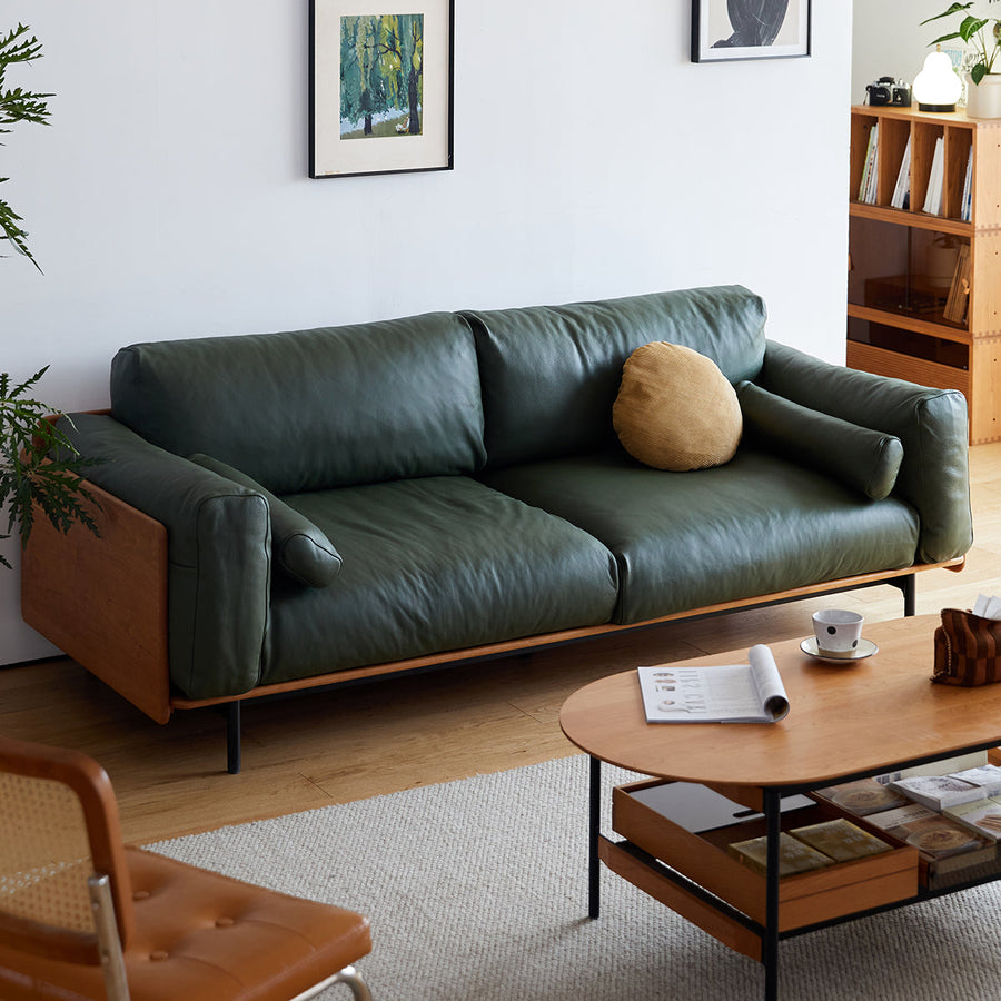 Wood frame genuine leather green cushion sofa