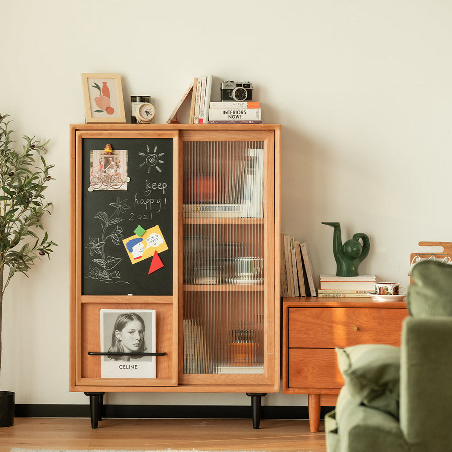 Cherry wood blackboard with molded glass door cabinet