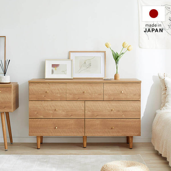 Japanese-made chest of drawers, wood grain, brass, low chest